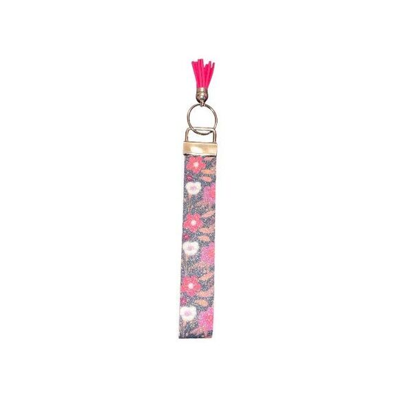 ☀️3/$12☀️ Glitter Floral Faux Leather Keychain with Pink Tassel - Picture 1 of 4
